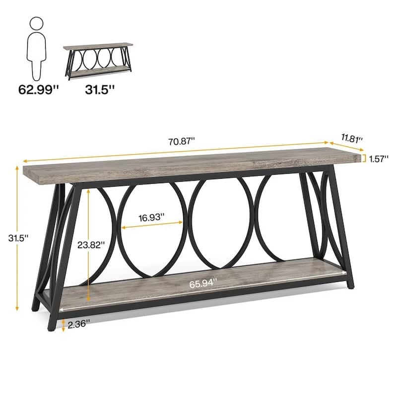 Wood Top Particleboard Steel Console Table with Shelf - 70.87” L x 31.50” H x 11.81” D