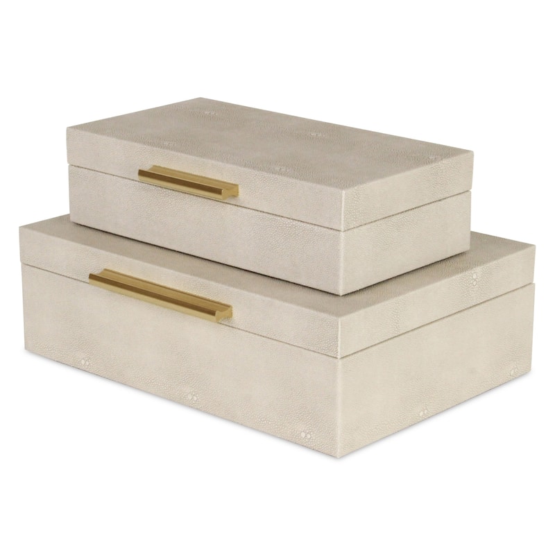 Set of 2 White Rectangular Faux Shagreen Decorative Box with Handles 11.75"