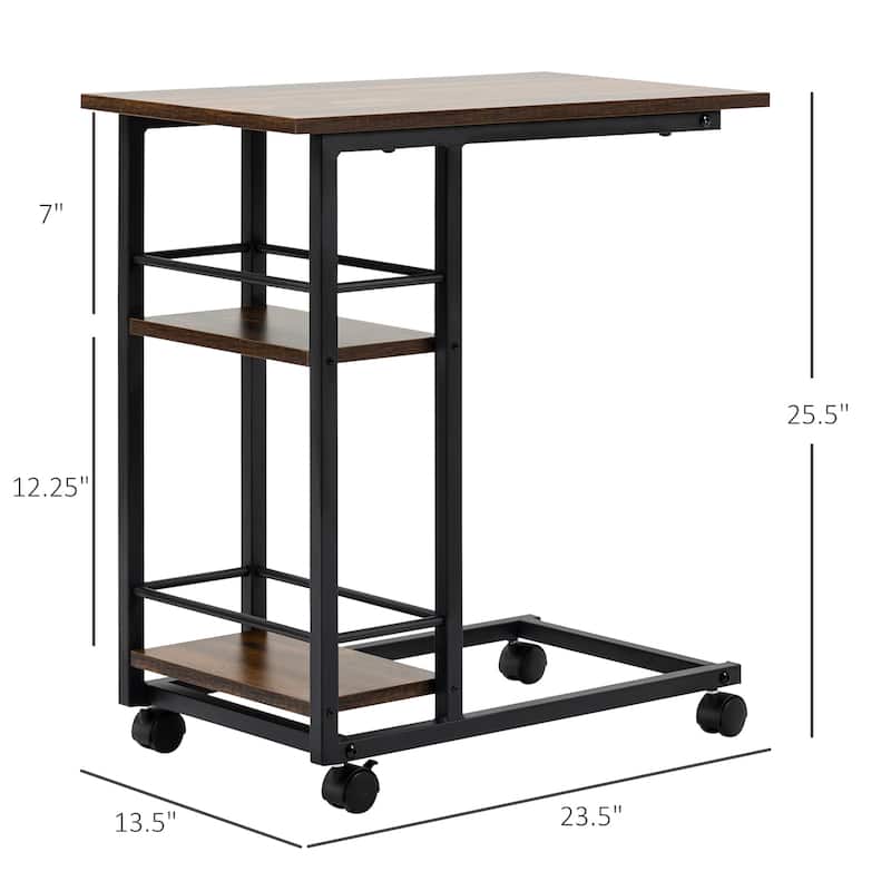 HOMCOM C Shaped End Table with Storage Shelves, Mobile Side Table with Wheels