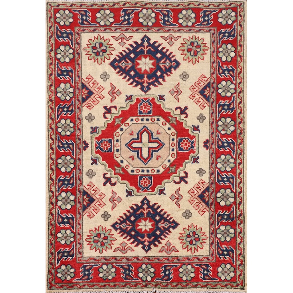 Traditional Beige Kazak Foyer Rug Hand-Knotted Wool Carpet - 2'8" x 3'11"
