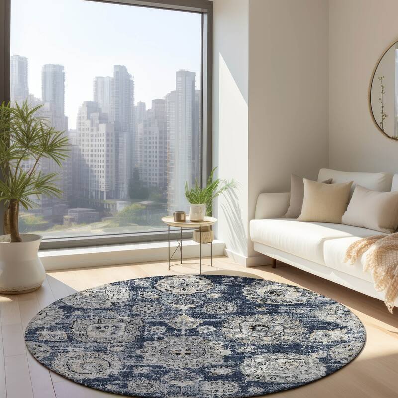 Machine Washable Indoor/ Outdoor Chantille Persian Vintage Rug - Navy - 8' x 8'