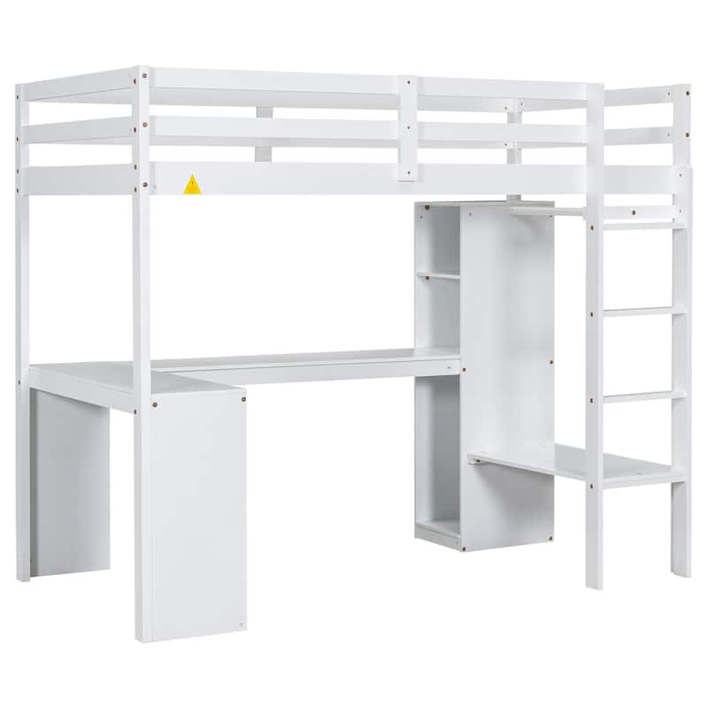 Solid Wood Loft Bed with L-shaped Desk and Storage Shelves