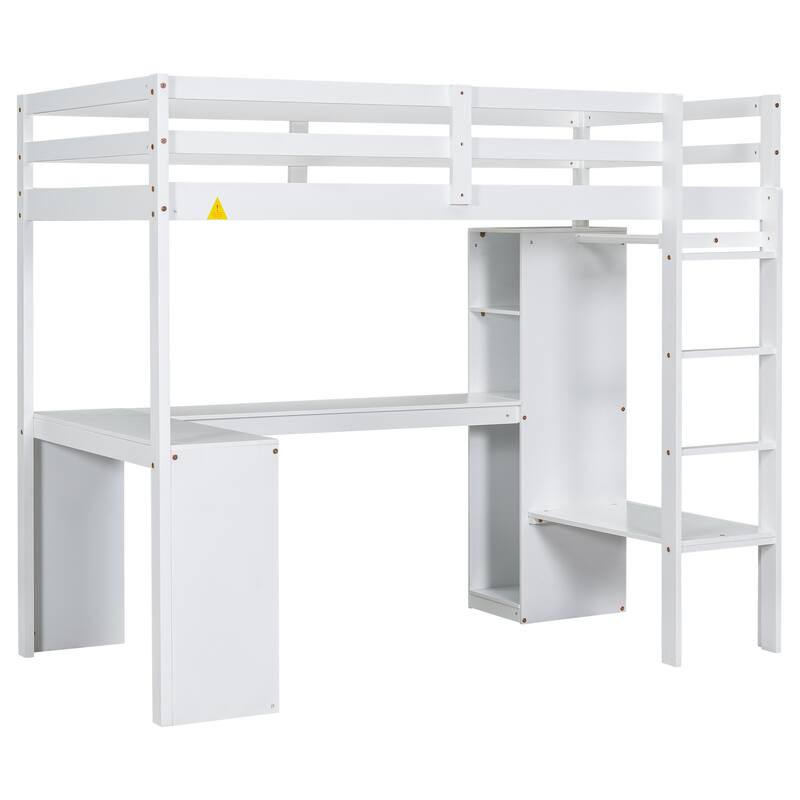 Twin Size Loft Bed with L-Shaped Desk, Wardrobe, Storage Shelves & Full-Length Guardrails, No Box Spring Needed