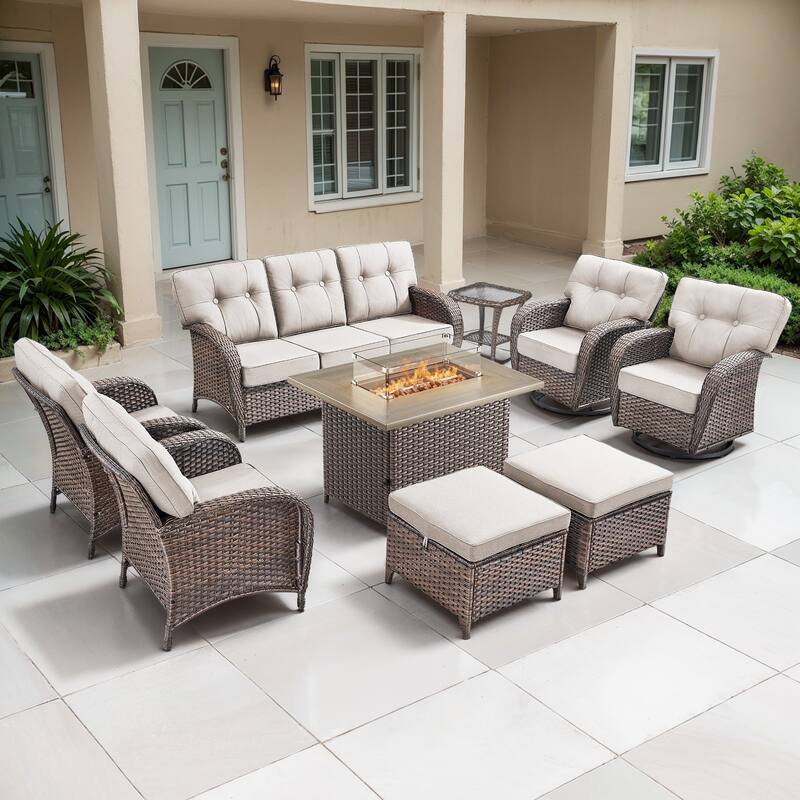TWrap Wicker Patio Fire Pit Conversation Set with 3-Seat Sofa & Swivel Gliders & Armchairs