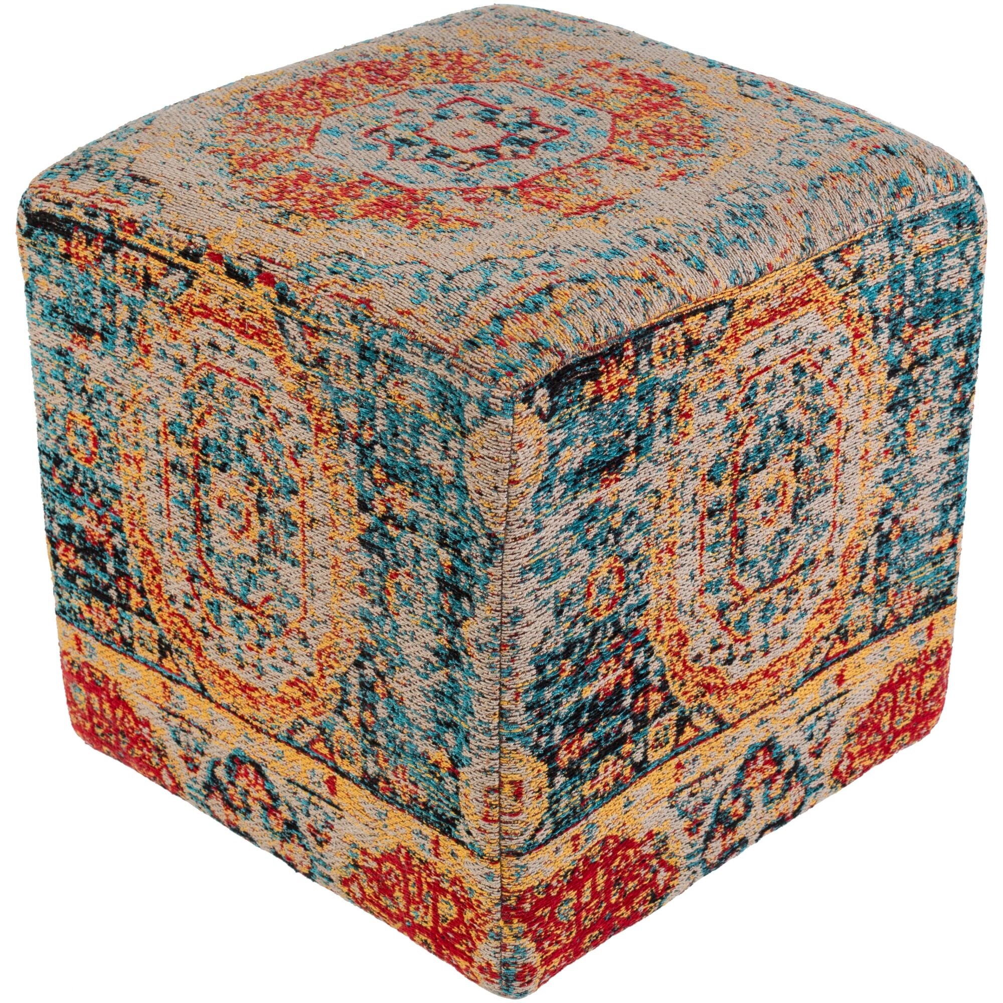 18" Blue and Red Distressed Finish Cubic Pouf Ottoman