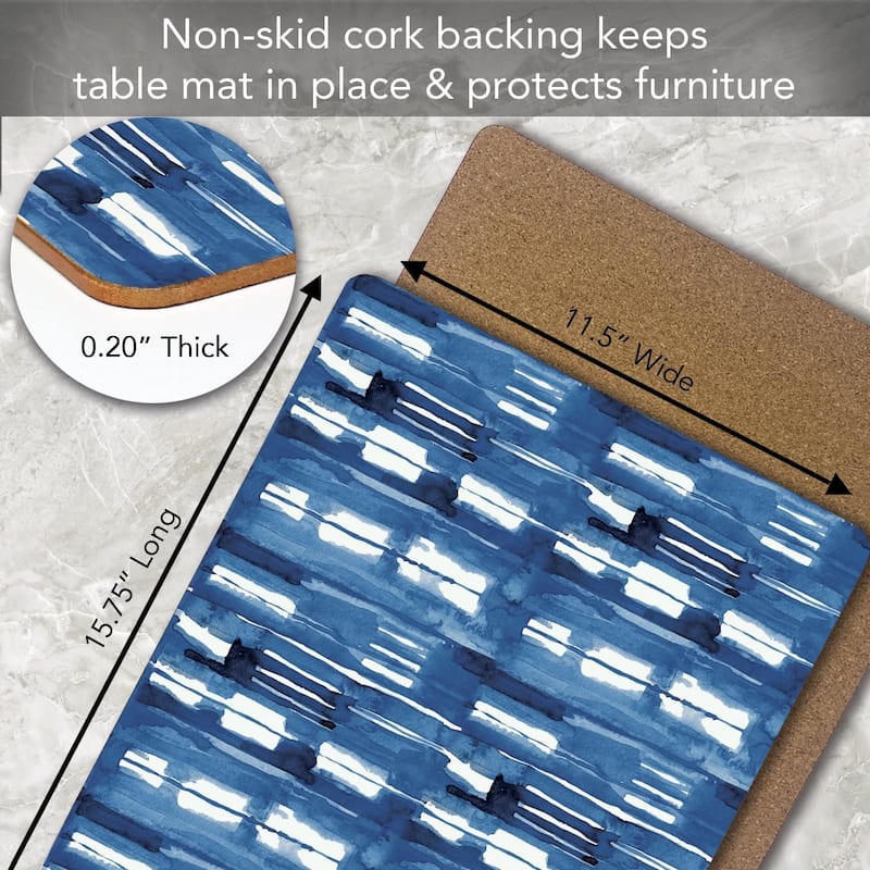 Indigo Block Lines Decorative Hardboard Placemats with Protective Cork Backing 4 Pack Heat Tolerant and Easily Wipes Clean