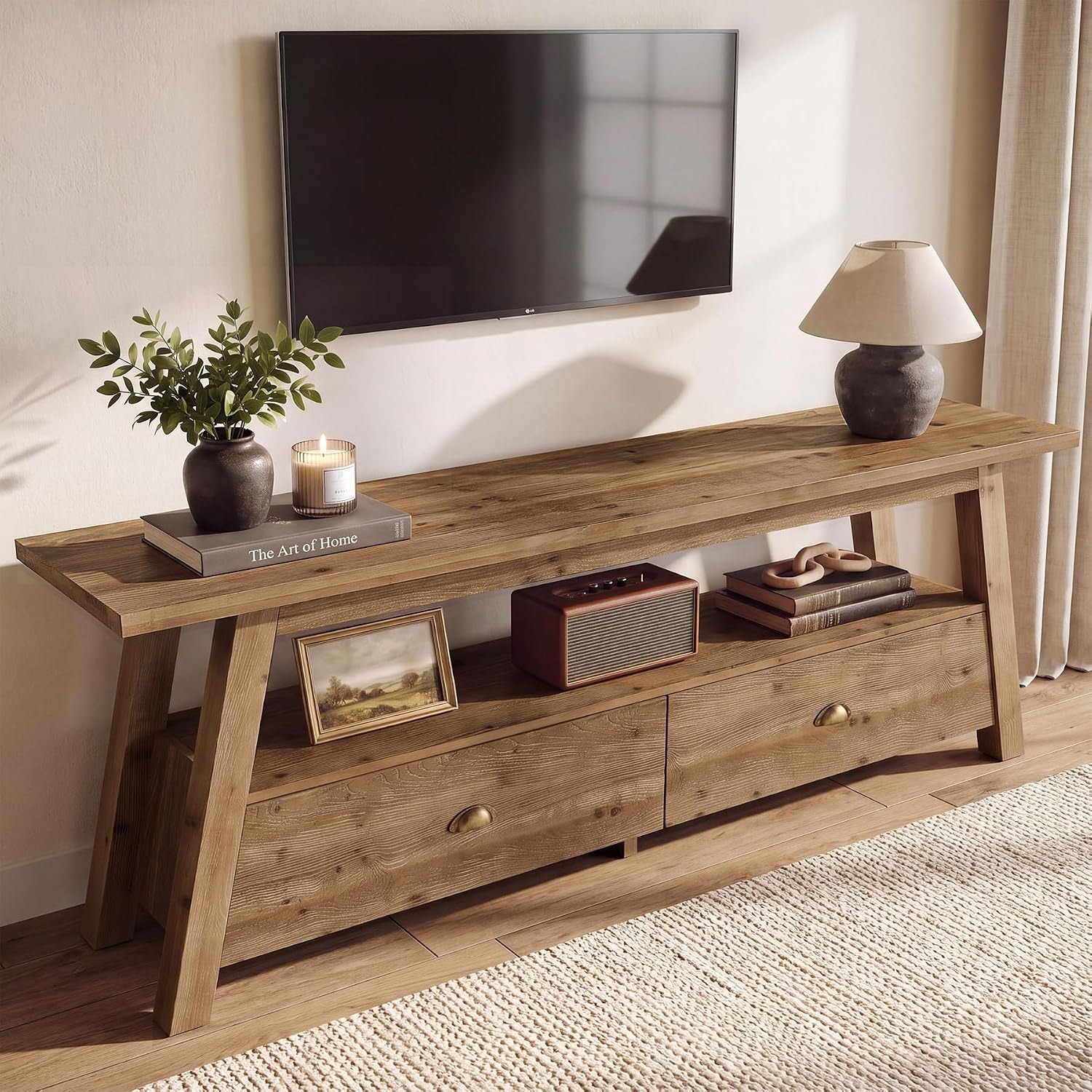 Solid Wood TV Stand, 63-Inch FarmhouseMedia Console with Drawers