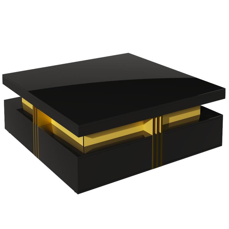 43.3" Modern Square Coffee Table with 4 Hidden Drawers, Glossy Living Room Table with Gold Accents, Space-Saving Storage Table