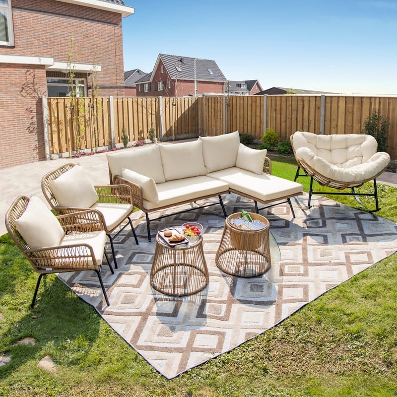 7-Piece Outdoor Boho Patio Furniture Set with Papasan Rocking Chair, Wicker Sectional Conversation Set with Ice Bucket Table