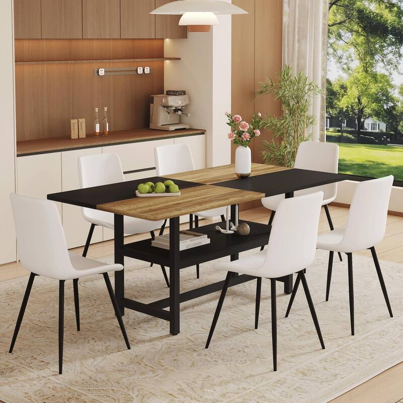 7-Piece Kitchen & Dining Room Table Set, 71" Wood Two-Tone Table with Storage Shelf, 6 Chairs, Dining Table & Chairs Set for 6