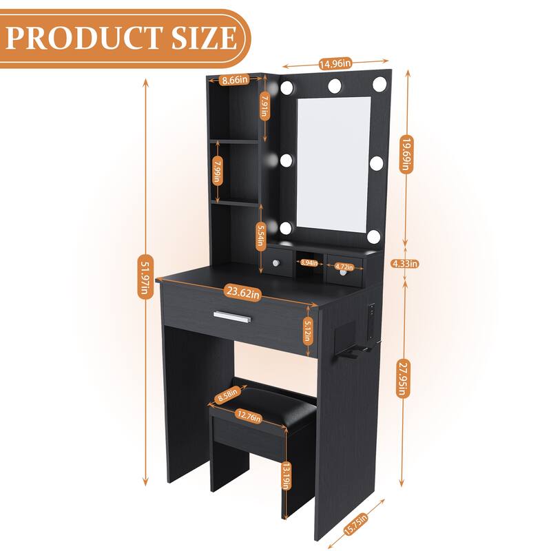 Compact Vanity Table Makeup Vanity Desk Set with Stool, Power Outlet & Hairdryer Holder