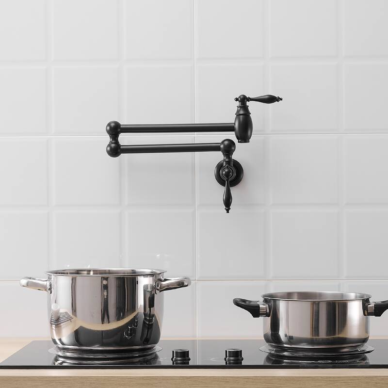 Wall-Mounted Pot Filler Faucet with Dual Handles and 25.2" Extension - Black