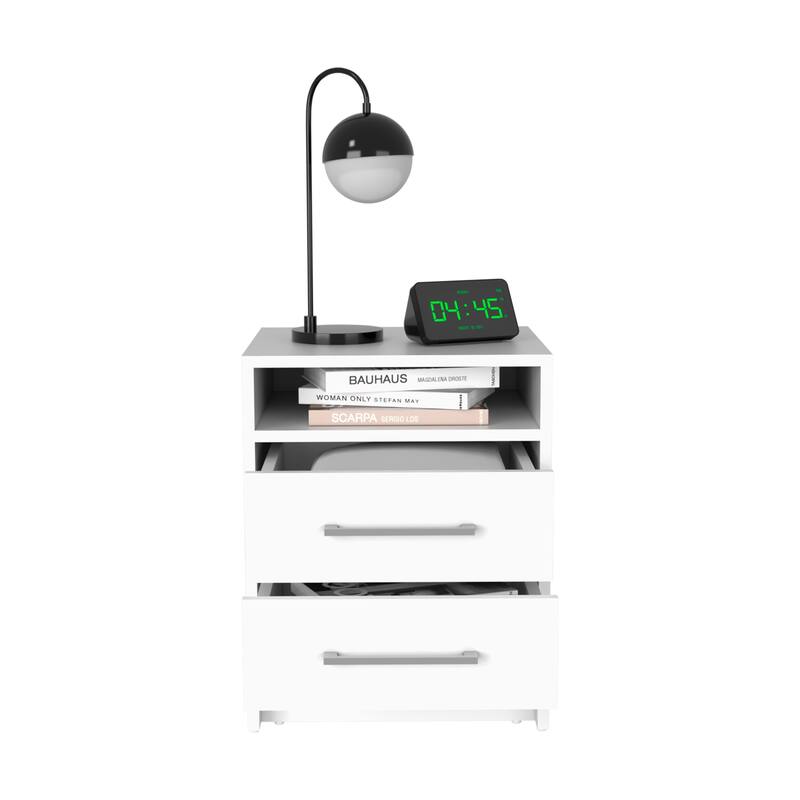 Compact Modern 2-Drawer Nightstand End Table with Superior Top Shelf for Bedroom or Living Room Storage