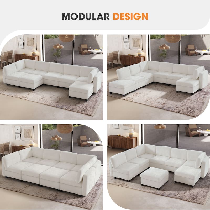 GDFStudio - Chenille Fabric 8-Seat 128" Modular Sectional Sofa with Storage & Solid Wood Frame