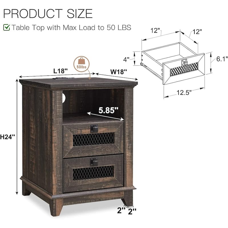 Farmhouse Nightstand Set of 2 with Charging Station, End Table