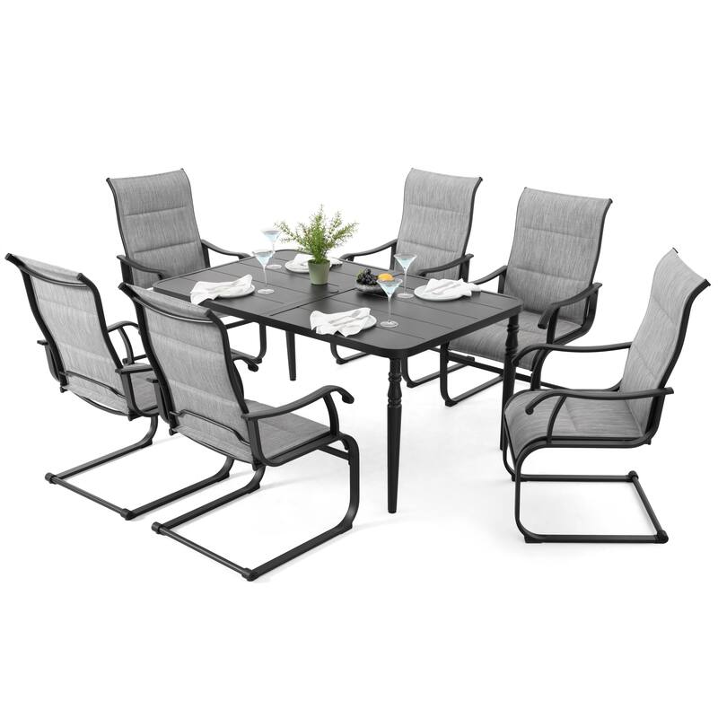 Patio 7-Piece Textilene Dining Set, C-Spring Chair Legs and Umbrella Hole