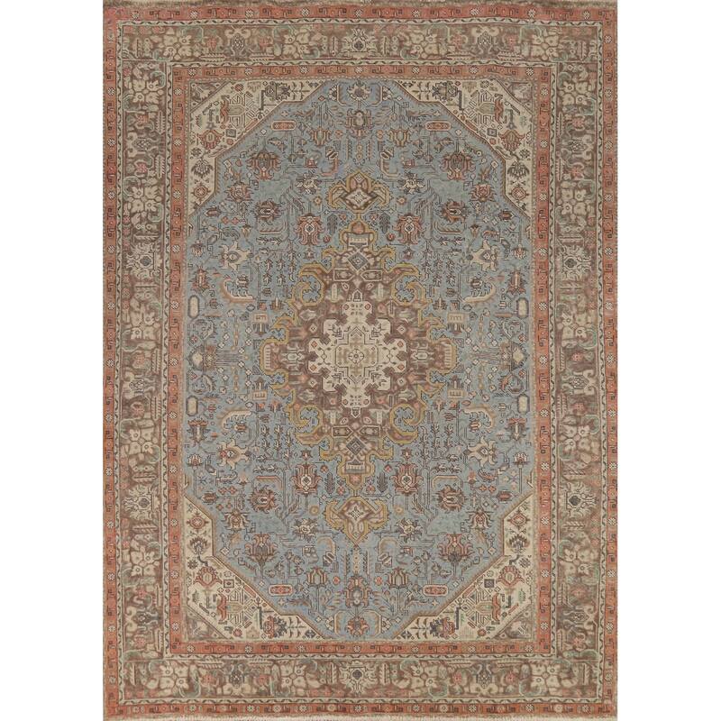 Geometric Blue Tabriz Persian Rug Hand-Knotted Traditional Wool Carpet - 8'3"x 11'2"