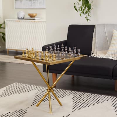 Metal Contemporary Chess Game Set Table in Gold or Silver - 22"W, 25"H