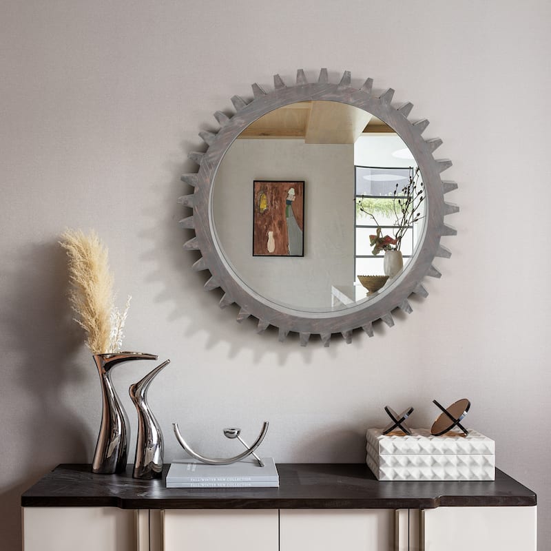 Vintage 34"x34"Wood Round Hanging Gear Shape Heavy Decorative Mirror For Bathroom Living Room Entryway Or Put Together - Black Brown