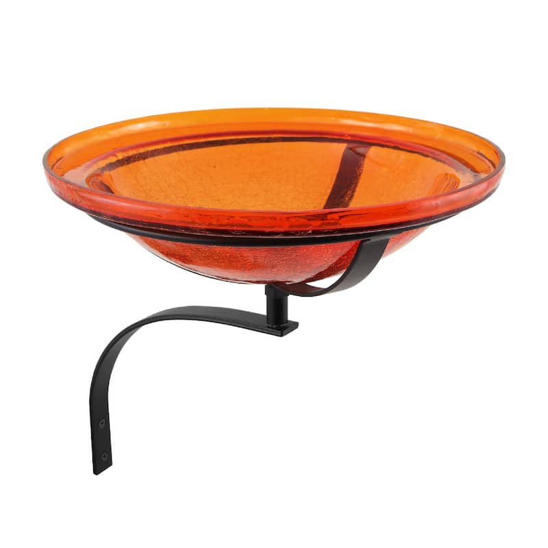 Achla Designs Reflective Crackle Glass Birdbath Bowl With Wall Mount Bracket, 12.5 Inch Diameter, Mandarin Orange