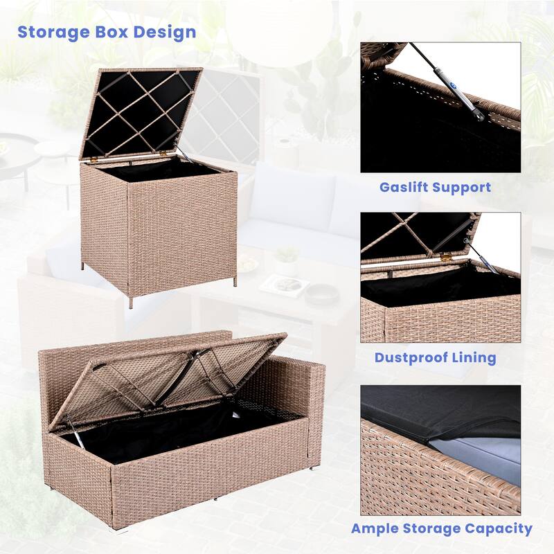 Roomfitters 6-Piece All-Weather PE Rattan Patio Sofa Set with Adjustable Seats, Storage Box and Glass Top Table