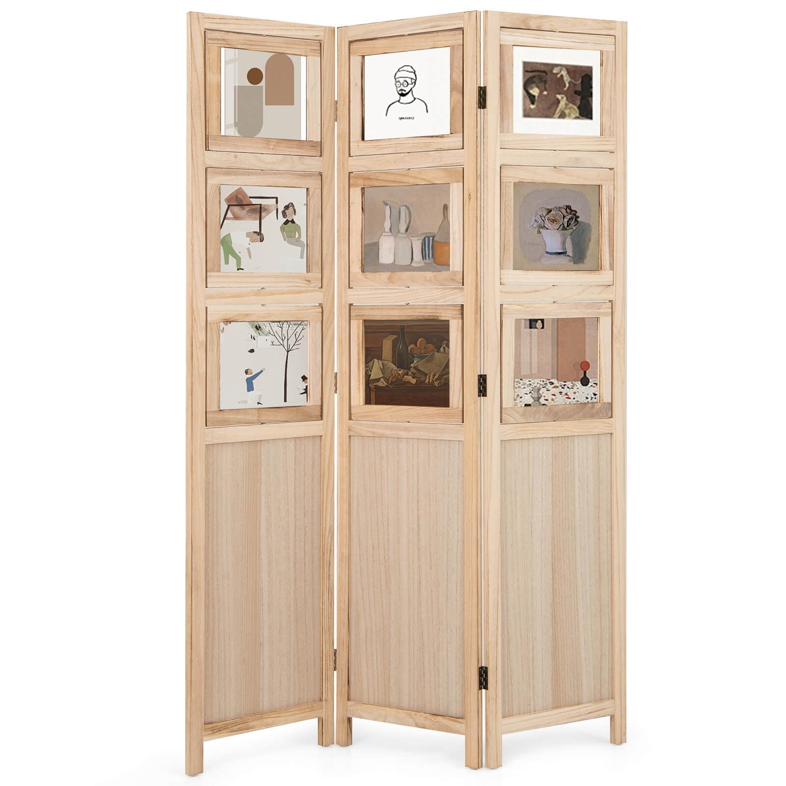 Costway 67” 3 Panel Room Divider with Paulownia Wood Photo Frames - See Details