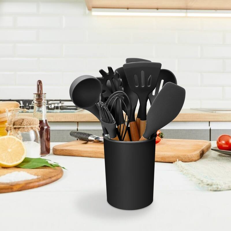 11-Piece Silicone Kitchen Utensil Set Heat-Resistant with Wooden Handles Spatulas Ladle - 4.72 × 4.72 × 6.18 in - Black