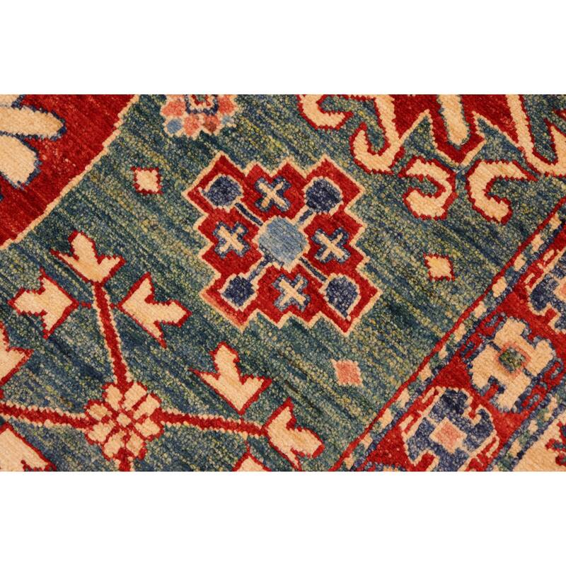 Caucasian Super Kazak Bryson Green/Beige Hand Knotted Wool Rug - 6'10'' x 9'6''
