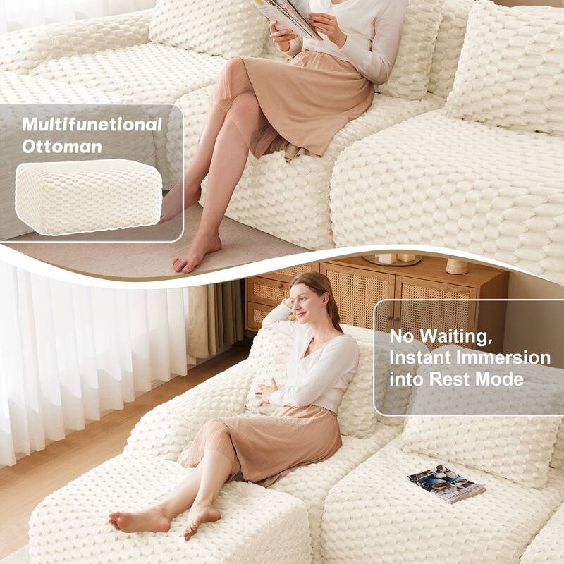 Oversized Modular Sectional Sofa with Movable Ottoman, 4 Seat Modern Flannelette Fabric Sofa Set Floor Armrests Sofa