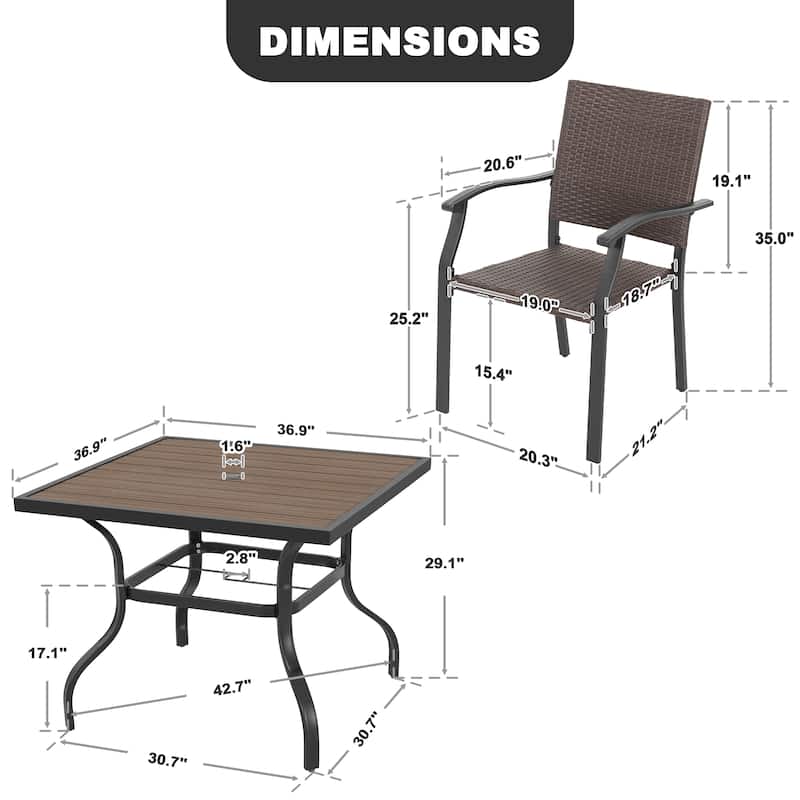 5PCS Patio Wicker Dining Set with Faux Wood Tabletop and Umbrella Hole