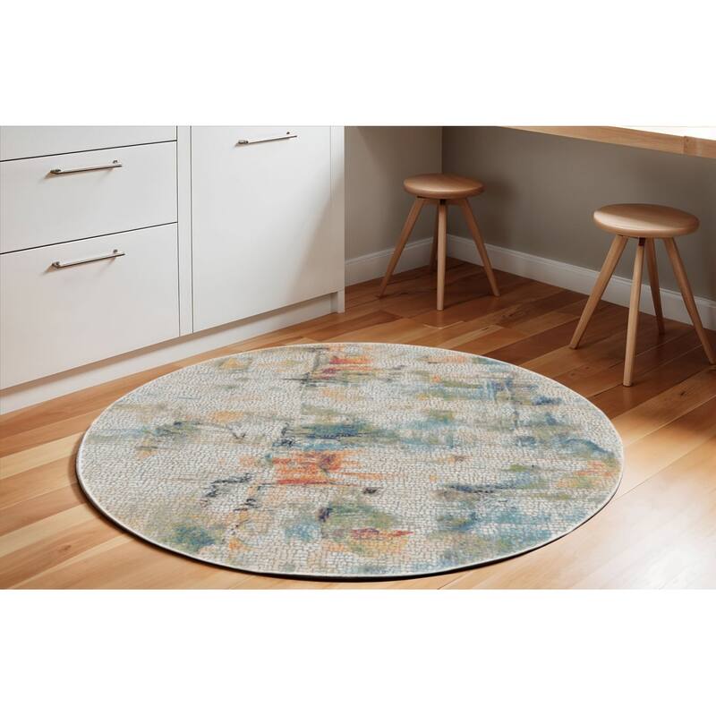Jipe Power Loomed Distressed Geometric Abstract Modern Non Skid Area Rug By HomeRoots - 72' X '72' X '0.5 - 72' X '72' X '0.5 - Oxford Blue - Round