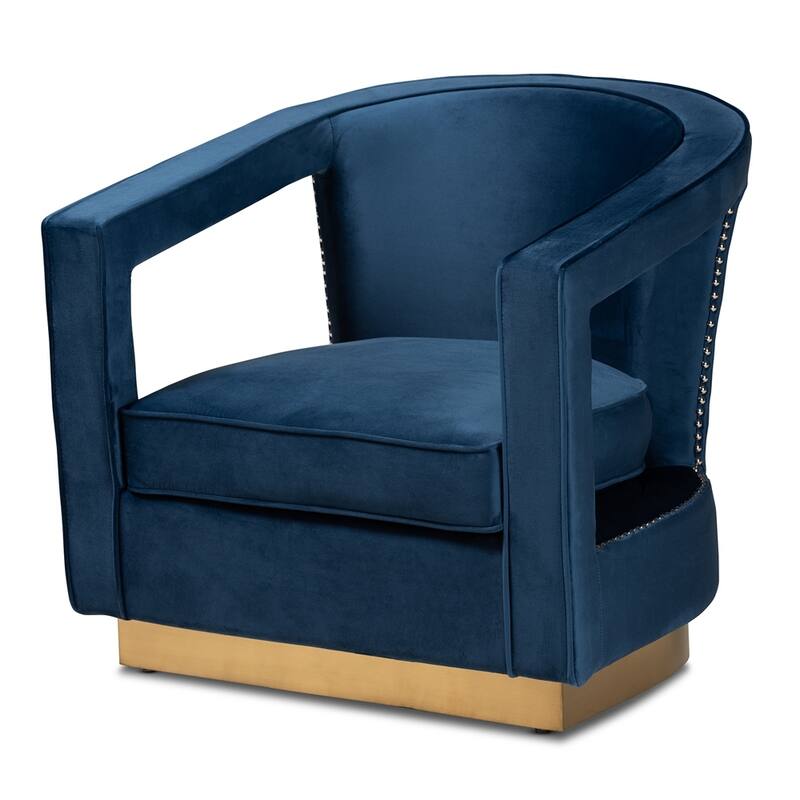 Neville Modern Luxe and Glam Navy Blue Velvet Fabric Upholstered and Gold Finished Metal Armchair - 28.70"H x 30.30"W x 31.10"D