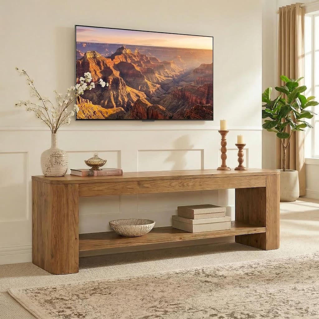Solid Wood TV Stand for 55/65-Inch TVs, Entertainment Center with Storage Shelves, Low Media Console