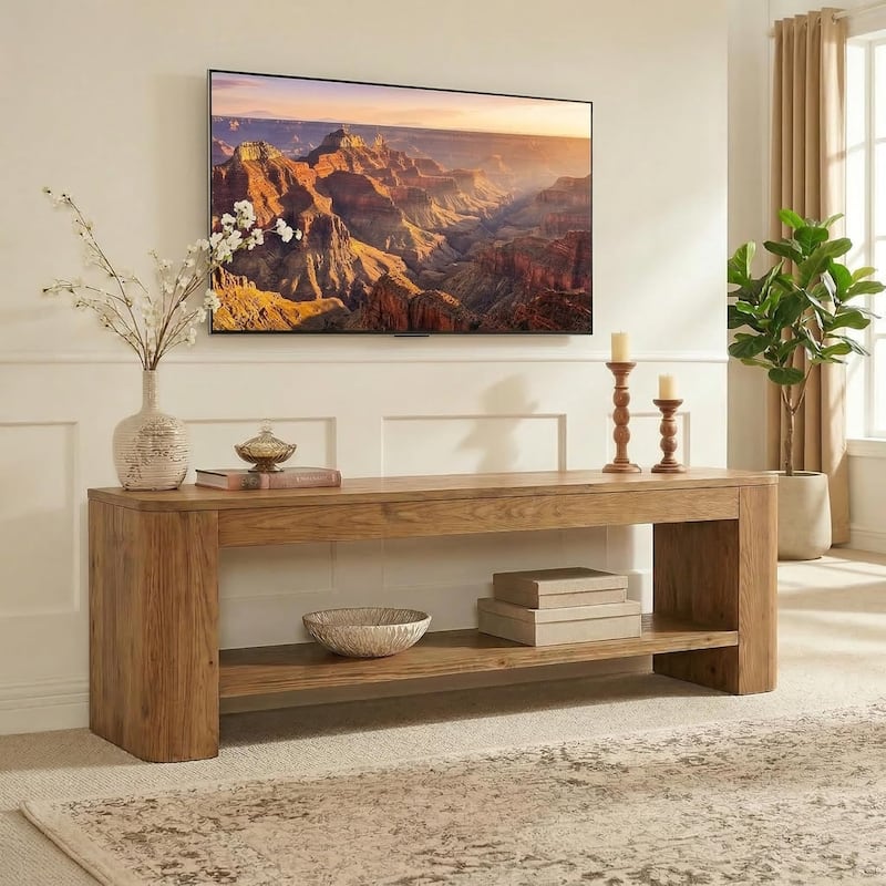 Solid Wood TV Stand for 55/65-Inch TVs, Entertainment Center with Storage Shelves, Low Media Console - Brown