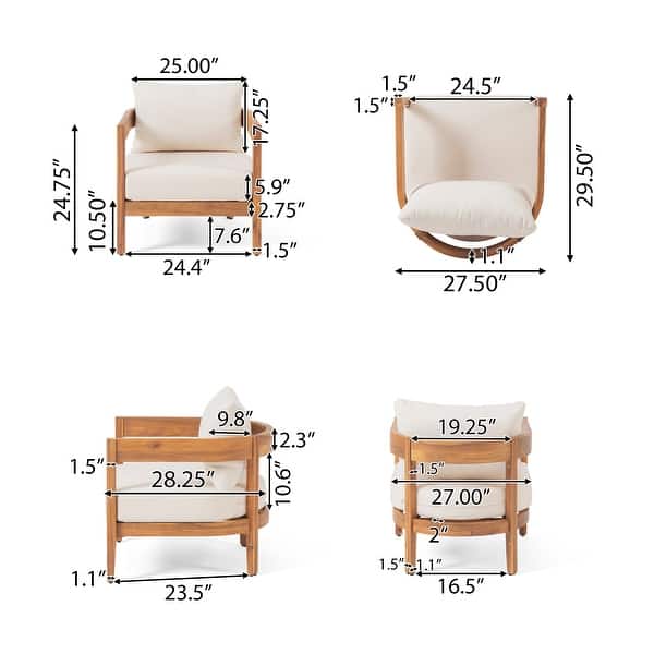 dimension image slide 2 of 3, Brooklyn Outdoor Acacia Wood Club Chair with Cushions (Set of 2) by Christopher Knight Home
