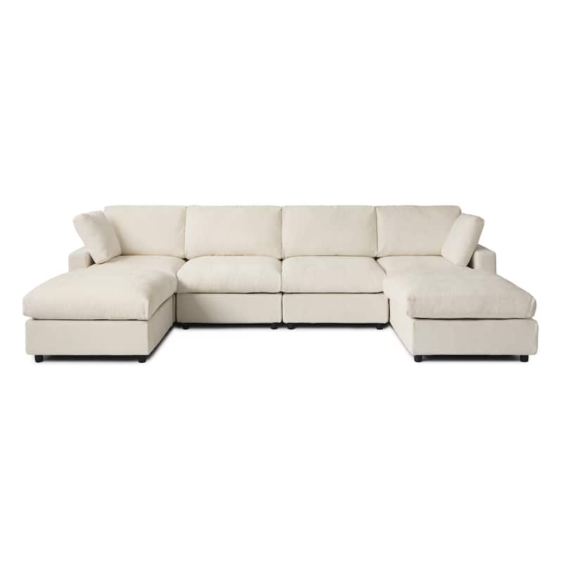 Minimalist U-shaped Upholstered Sofa 4-Seater Chenille Modular Sectional Couch with 2 Ottoman