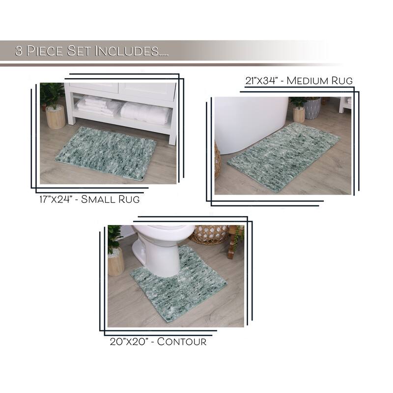 Home Weavers Cloud Comfort 100% Microfiber Bathroom Rug, Non Slip Bath Mat Water Absorbent Soft Microfiber Shaggy Mat - 3 PC Set
