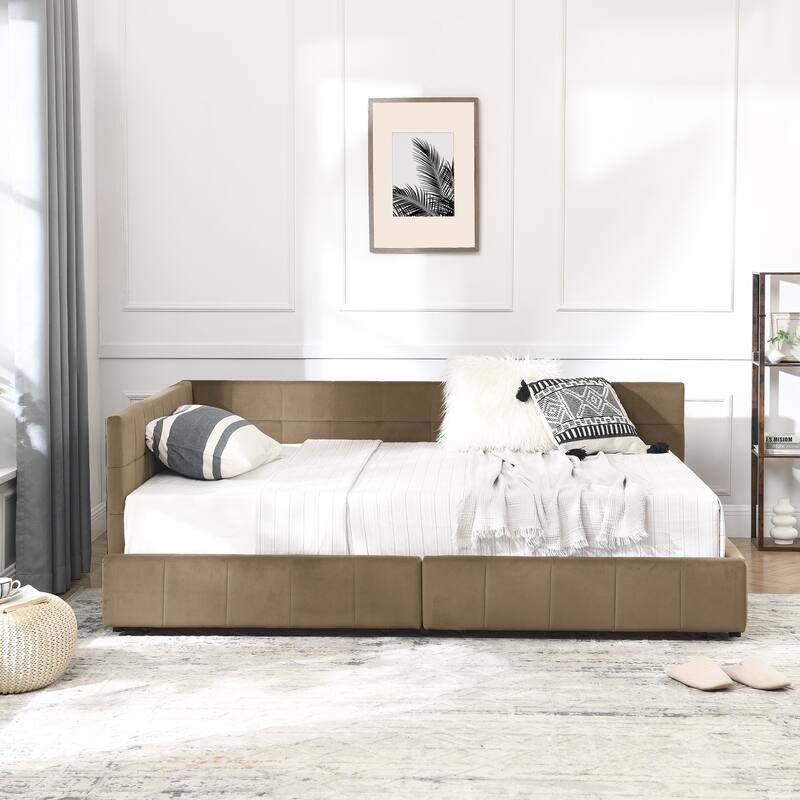 L-shaped Velvet Upholstered Daybed Tufted Sofa Bed with Soft Backrest Armrests - and Optional Corner Storage Day Bed