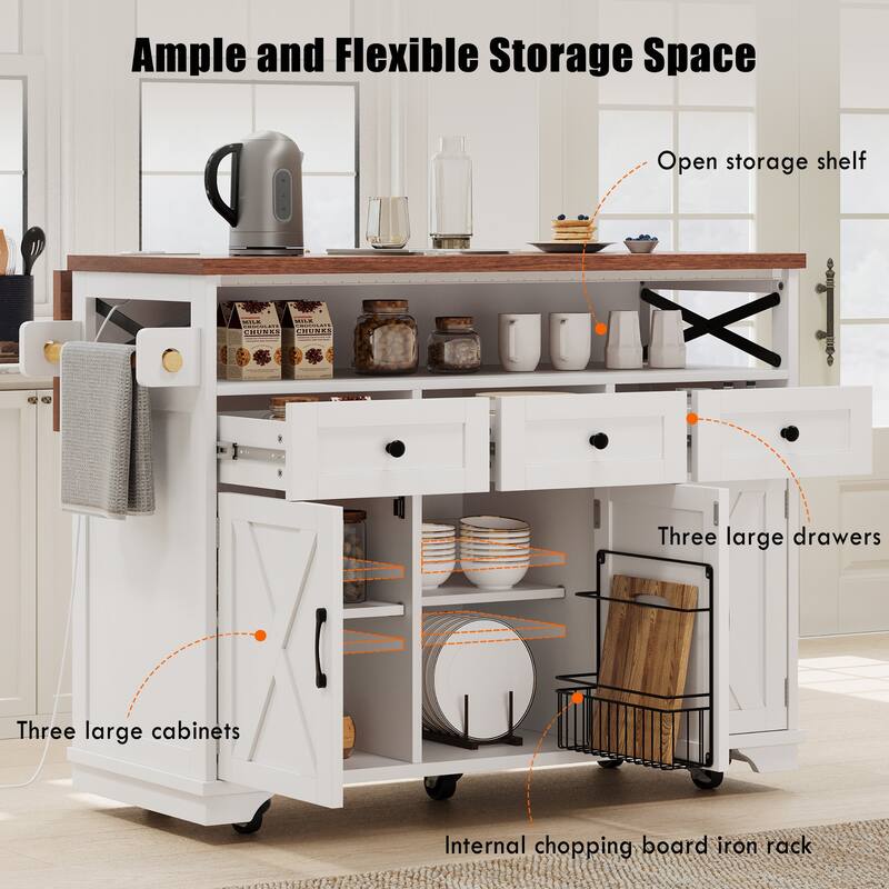 46.5'' Farmhouse Kitchen Island with Drape of Beads, Power Outlet, Drop Leaf, Rolling Wheels, 3 Doors and 3 Drawers