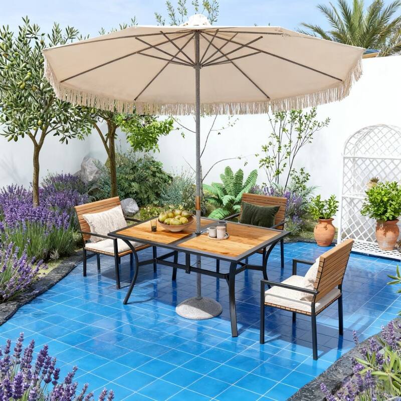 GDFStudio Outdoor Callidora Steel Outdoor Dining Table with Umbrella Hole for Six - Black+Brown