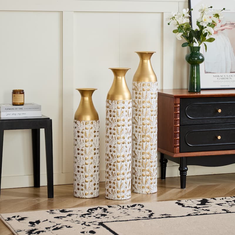 Set of 3 Metal Decorative Vase with 3D Relief Flower for Home Office - 32.68in+29.13in+24.02in