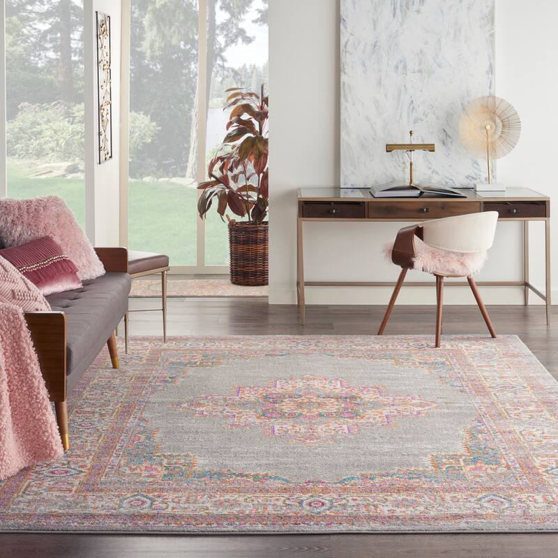 Porch & Den Dobbin Vintage Persian Medallion Farmhouse Area Rug - 8' x 10' - Grey/Pink