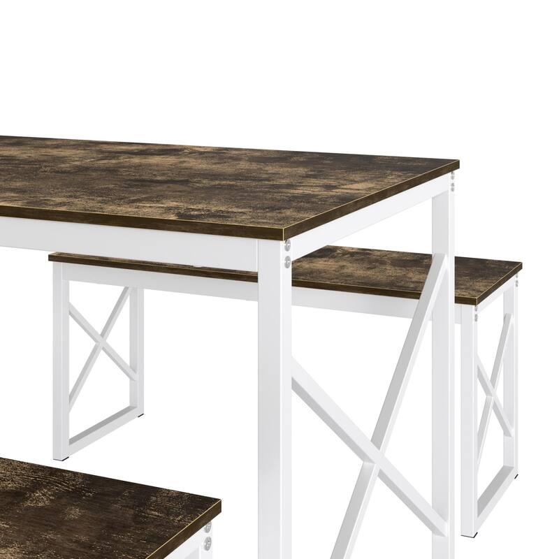 44.3" Dining Table with Benches Kitchen Table set for 4 Rectangular Dining Room Table Set with 2 Metal Wood Benches
