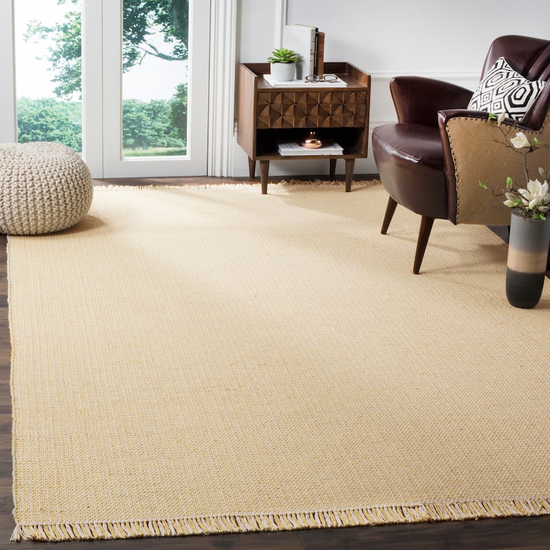SAFAVIEH, Handmade Montauk Cliff Stripe Flatweave Cotton Fringe Rug - 8' x 10' - Ivory/Yellow
