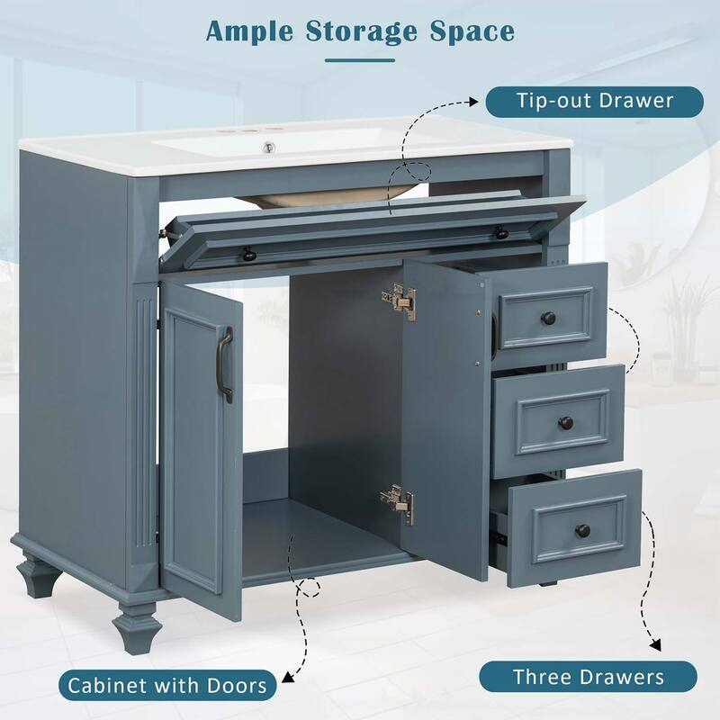 Freestanding Vanity Set with Flip-Out Drawer,3 Drawers,2 Soft-Close Doors