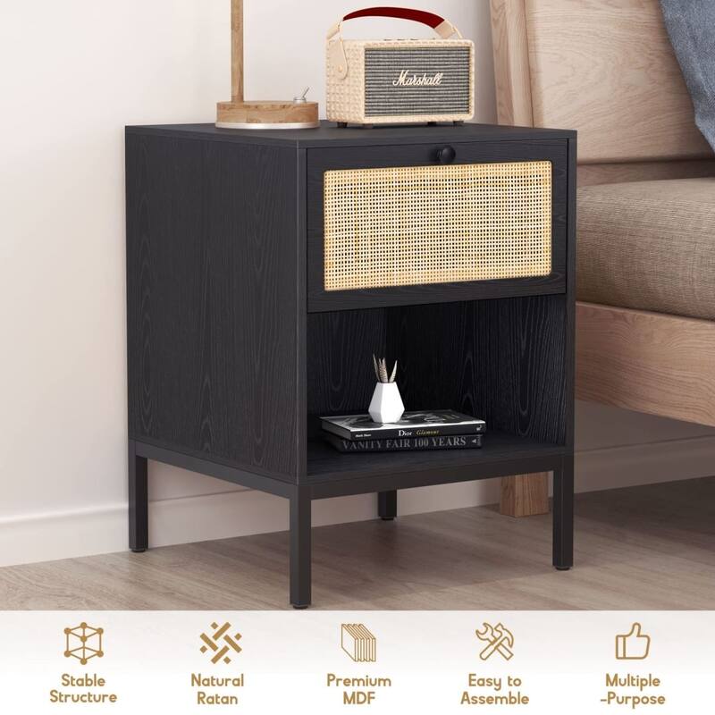 Boho Natural Rattan Nightstand with Drawer Set of 2