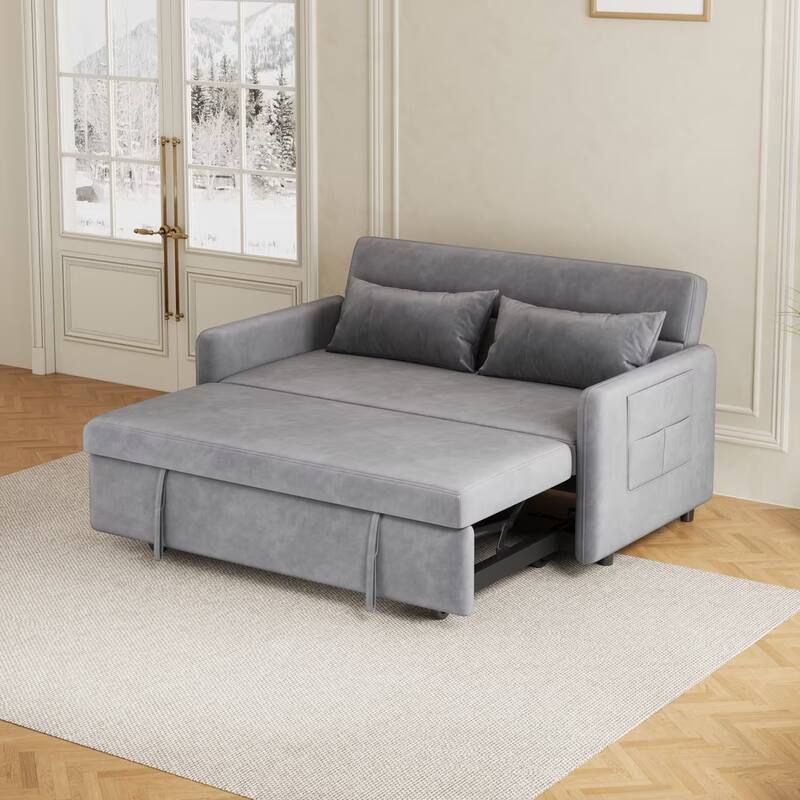 Sofa Pull Out Bed Included 2 Pillows Velvet Sofa for Small Spaces Teal - 74.8"+ 2 Pillows - Beige