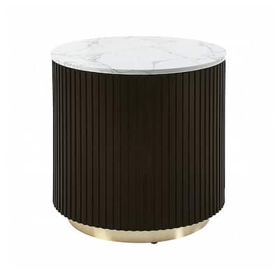 Round End Table with Faux Marble Top in White and Espresso