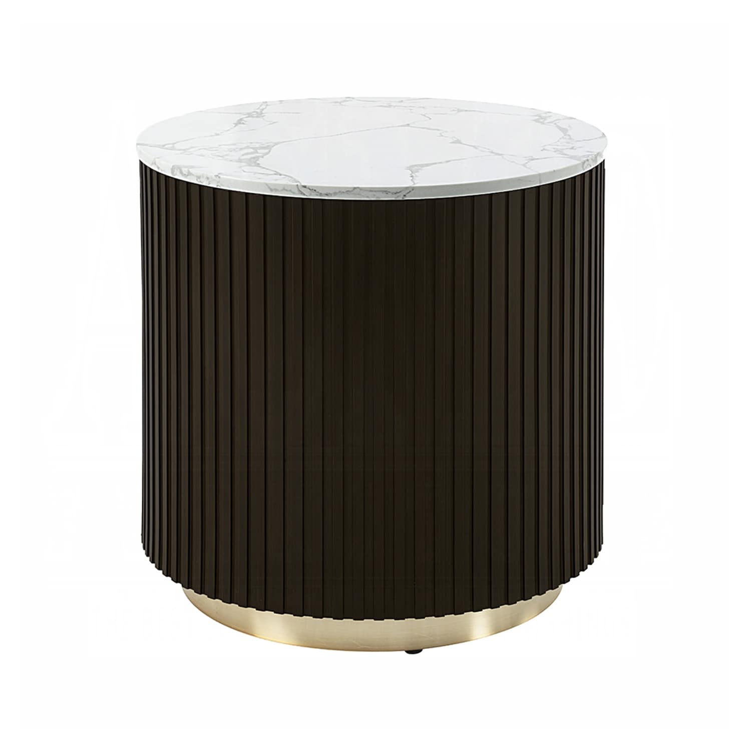 Round End Table with Faux Marble Top in White and Espresso