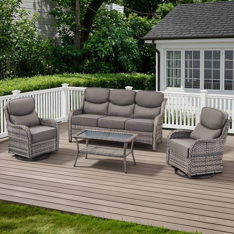 Arcadia 4-Piece Wicker Patio Conversation Set with Swivel Gliders and 6-Inch Thick Olefin Cushions - Gray Cushions - Gray Wicker